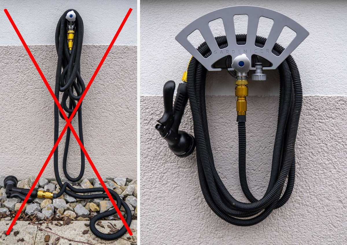 Vergleich: Links ein ungeordneter Gartenschlauch am Wasserhahn, rechts der Gardenicer Schlauchhalter für perfekte Ordnung ohne Bohren an der Fassade.